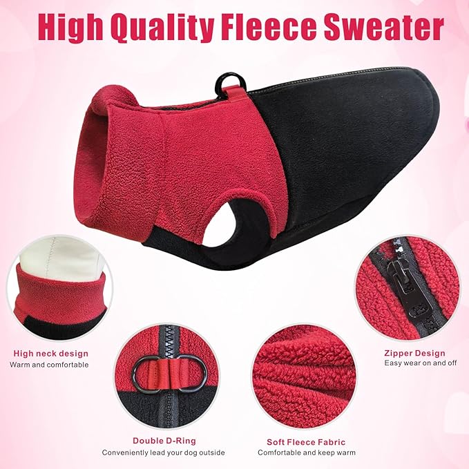 Idepet Dog Fleece Vest Sweater Zip Up Warm Pullover Dogs Jacket with D-Ring Leash Winter Cold Weater Coat Pet Sweatershirt Clothes Hoodie for Small Medium Dogs Boy Girl (Red/Black, L)
