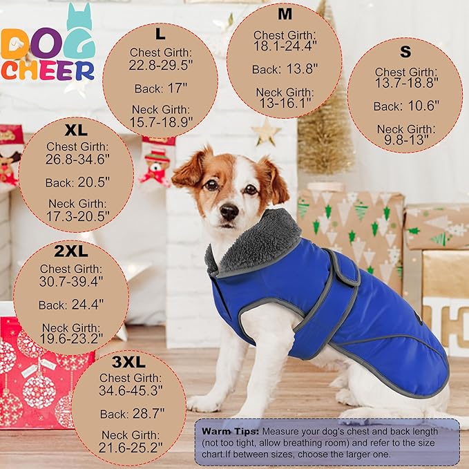 Dogcheer Dog Coat, Waterproof Dog Jacket Reflective Pet Winter Coat with Adjustable Hook & Loop, Christmas Puppy Fleece Jacket Warm Turtleneck Snowsuit for Small Medium Large Dogs - Blue, M