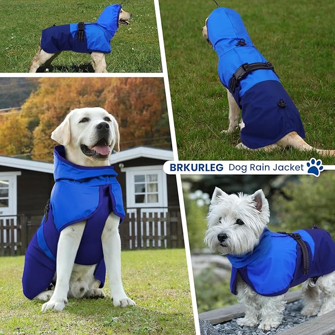 BRKURLEG Dog Raincoat Adjustable Dog Rain Jacket with Hood Dogs Waterproof Rainproof Jacket with Leash Hole Pet Poncho Rain Coat Poncho with Reflective Strip, Blue, M