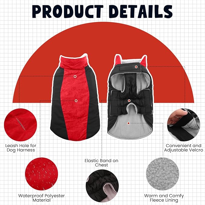 Warm Dog Coat,Waterproof Jacket in Winter Adjustable and Reversible Doggy Fleece Outfit,Thick Clothes with Foldable Collar for Puppy in Cold Days,M Red