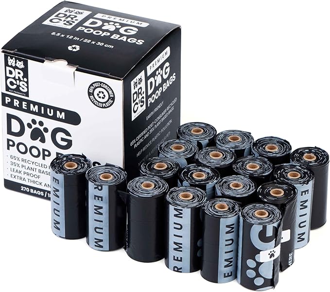 Certified 65% PCR (Post Consumer Recycled) Plastic and 35% Plant Based Dog Poop Bags - Dr. C's ONE OF A KIND Dog Poop Bags - 120 Bags / 8 Rolls, NO NEW PLASTICS USED, Unscented, Earth Friendly