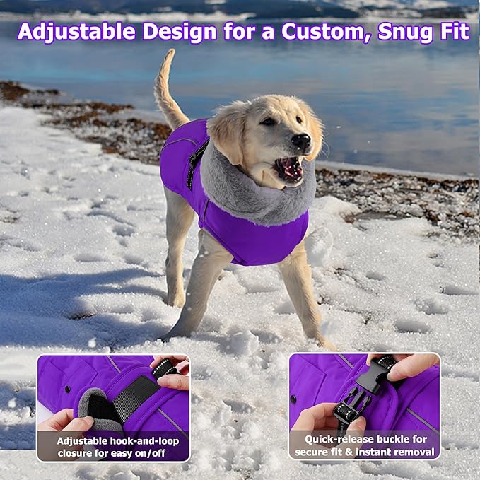 Dogcheer Dog Coat with Pocket, Waterproof Dog Jacket with Adjustable Buckle, Reflective Puppy Winter Coat Warm Turtleneck Fleece SnowJacket for Small Medium Large Dogs - Purple L