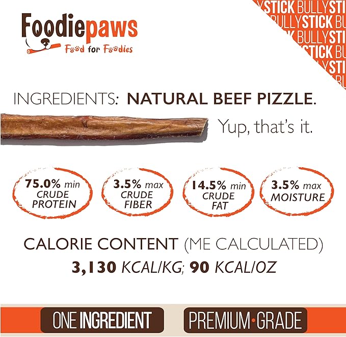 FOODIEPAWS 12 Inch Bully Sticks for Dogs, 5 Pack | All Natural, Grass-Fed Beef Pizzle | Rawhide-Free & Odor-Free Dog Chews | Fully Digestible, Long Lasting Treats for Medium & Large Dogs
