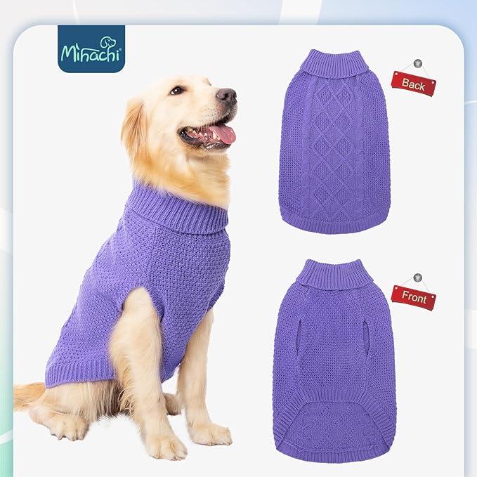 Mihachi Turtleneck Dog Sweater - Winter Coat Apparel Classic Cable Knit Clothes with Leash Hole for Cold Weather, Ideal Gift for Pet in New Year Light Purple XS
