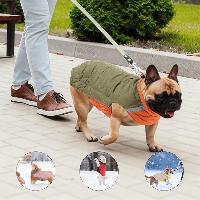 Quilted Dog Winter Coat, Plaid Lined Reversible Vest, Reflective Safety Strip, Cold Weather Pet Apparel Army Green XS