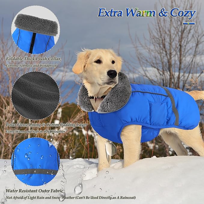 Dogcheer Warm Dog Coat, Waterproof Dog Jacket Christmas Puppy Winter Coat with Buckle, Reflective Adjustable Pet Snow Jacket Turtleneck Fleece Sweater for Small Medium Large Dogs - Blue, S