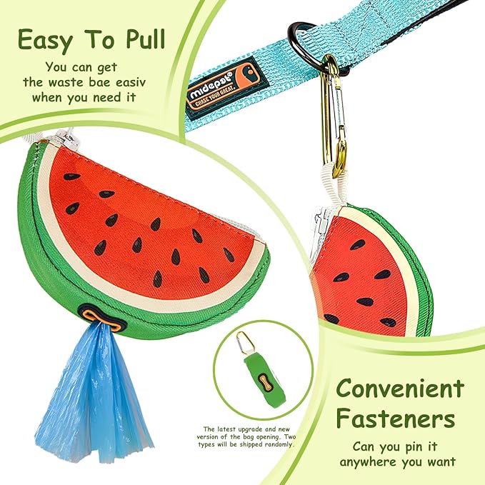 Convenient Dog Poop Bag Holder Leash Attachment with Zipper Case for Potty Bags - Trash Bag Carrier Accessory Dispenser for Poo Bags,Watermelon,Medium
