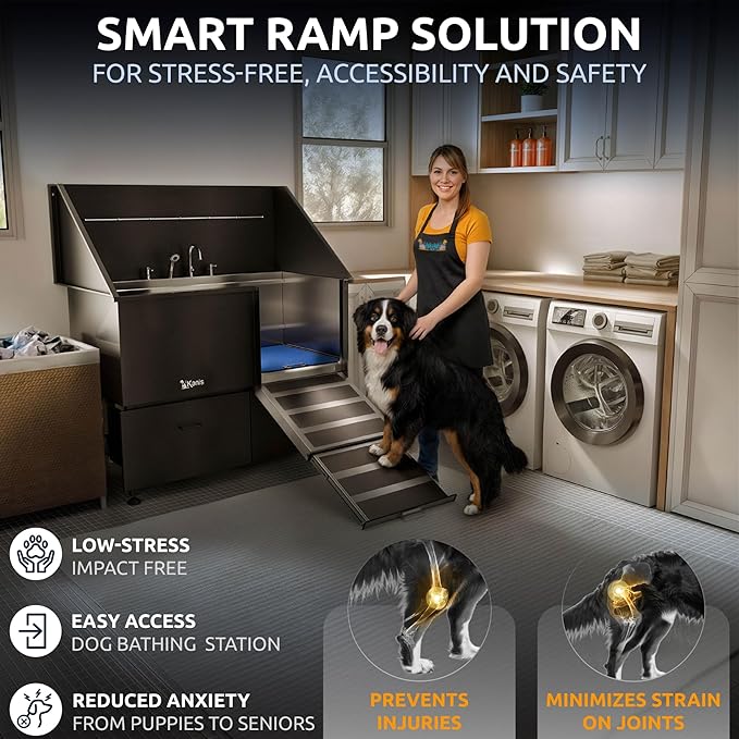 KANIS Black Line Professional Dog Washing Station - 304 Stainless Steel Pet Wash Sink & Grooming Bathtub w/Shower, Floor Grates and Storage for Large, Medium & Small Pets (50", 2 Drawers - Right Ramp)
