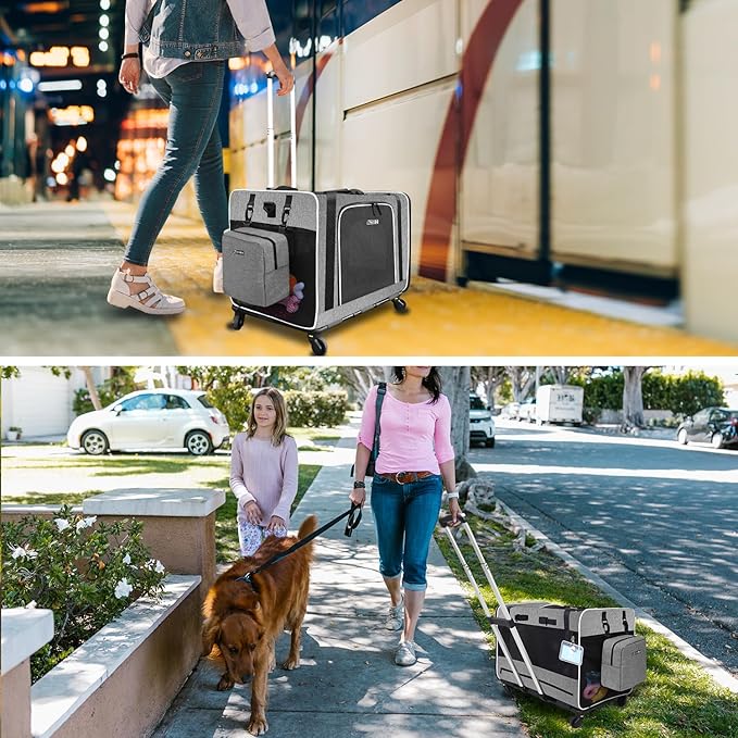 Petskd Extra Large Cat Carrier with Wheels and Litter Box 24"x17"x17" for Large Cat or 2 Small Cats, Collapsible Soft Sided Pet Carrier for Car Travel with Lockable Safety Zippers(Grey)