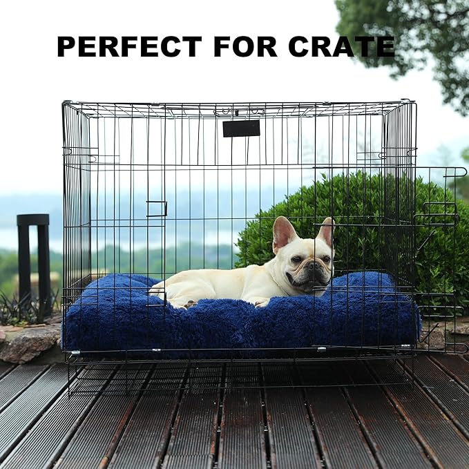 Bedfolks Waterproof Dog Crate Pad, Plush With Removable Cover, Faux Fur for Large Dogs, Fluffy Washable Kennel Bed 35"x23", Solid Dark Blue