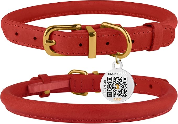 BronzeDog Rolled Leather Dog Collar with QR ID Tag, Adjustable Soft Round Collars for Small Medium Large Dogs Puppy (14" - 16" Neck Size, Classic Red)