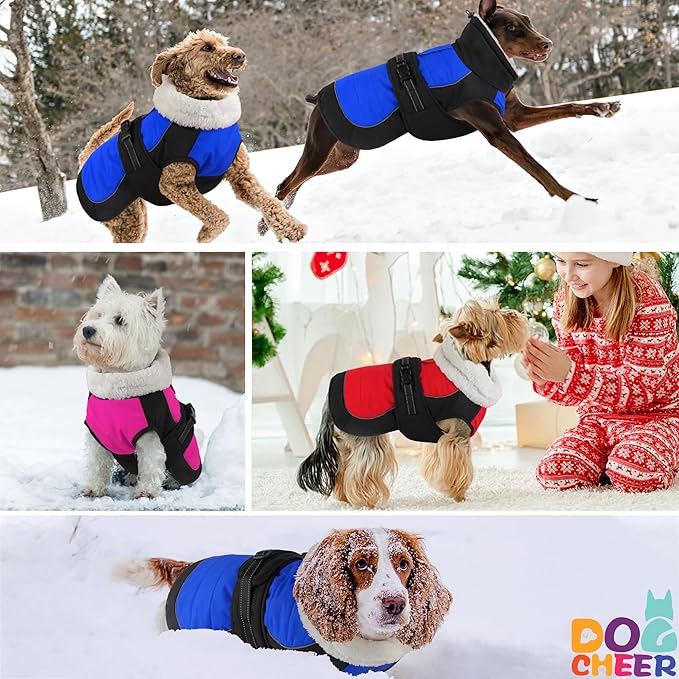 Dogcheer Waterproof Dog Coat, Christmas Dog Winter Jacket, Adjustable Puppy Fleece Coat for Cold Weather, Reflective Turtleneck Snow Jacket for Small Medium Large Dogs - Blue, M