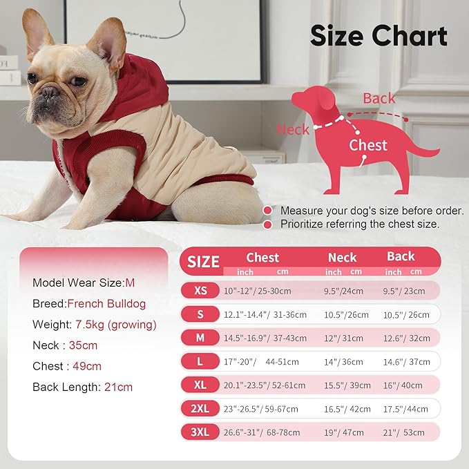 Fleece Lining Extra Warm Dog Hoodie in Winter,Small Dog Jacket Puppy Coats with Hooded,Beige and Red XS