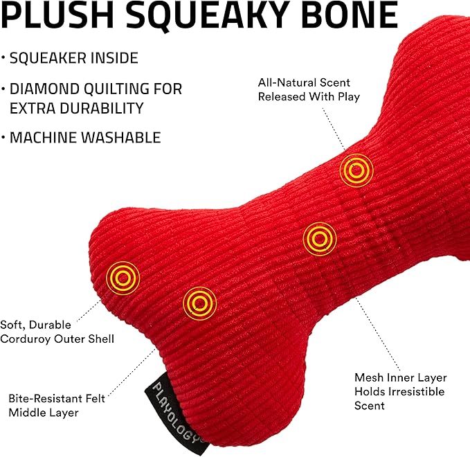 Playology Dog Toys | Plush Squeaky Bone Chew Toy for Dogs | Jumbo Beef Scented Toy - Easy to Clean and Made from Non Toxic Materials