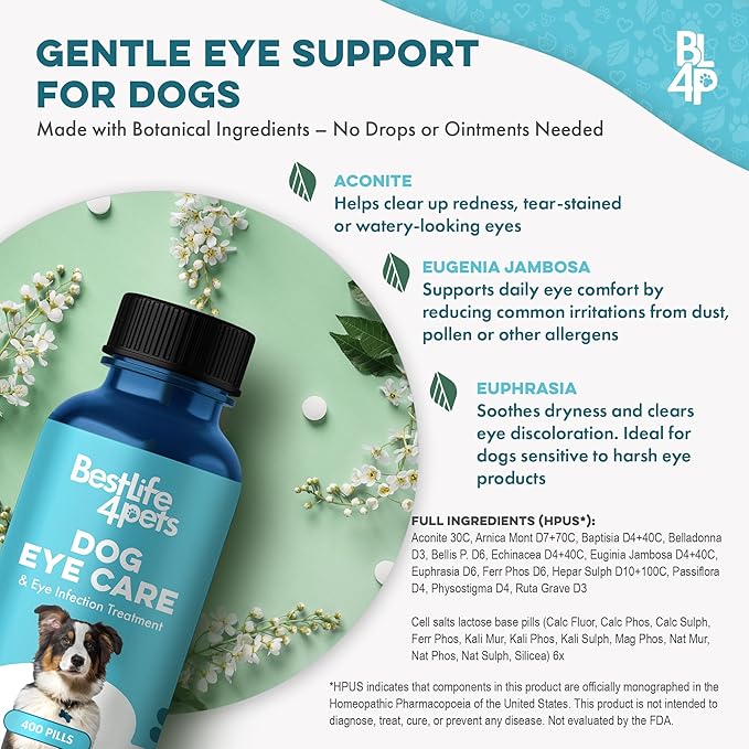 Dog Eye Infection & Eye Care Support Supplements, Natural Relief from Conjunctivitis, Swelling, Tear Stains, Dry Eyes and Discharge, Easy to Use, No More Struggle with Canine Drops, 400 Small Pills