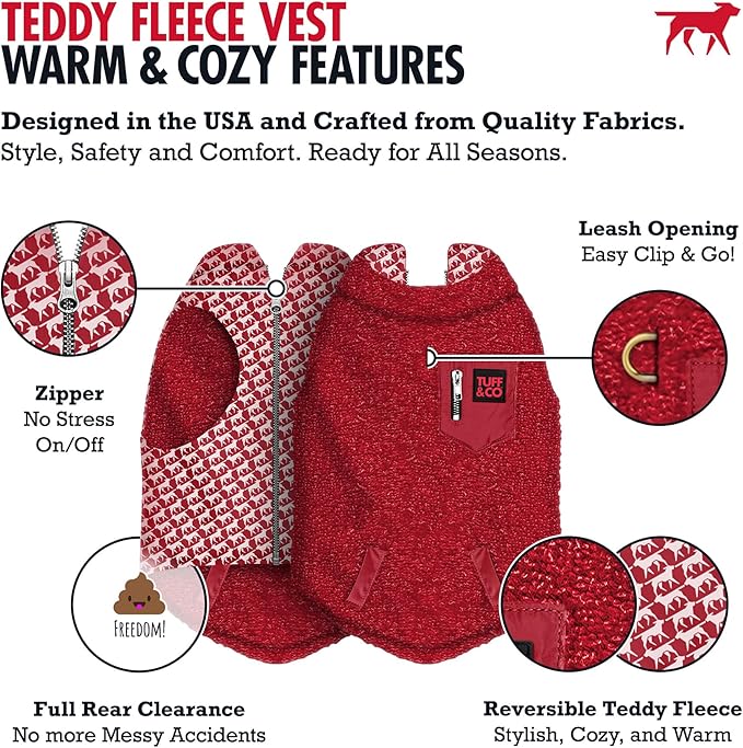 Tuff Pupper Reversible Fleece Sweater Vest for Dogs | Lightweight Comfortable Insulated Jacket | Front Zip Closure | Machine Washable | Built-in Leash Hole | Sizes for All Breeds (XXL, Red)