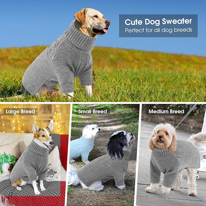 Queenmore Dog Sweaters for Large Dogs, Warm Turtleneck Pullover for Male/Female Pets, Soft Knitwear Sweater for Labradors/German Shepherds, Cold Weather Coat for Large Canine - Grey, Size L