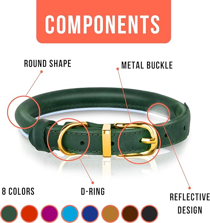 OOPSDOGGY Reflective Rolled Leather Dog Collar Adjustable Soft Padded Pet Collar for Small Medium Large Breed Dogs (Green, XS, 8"-11")