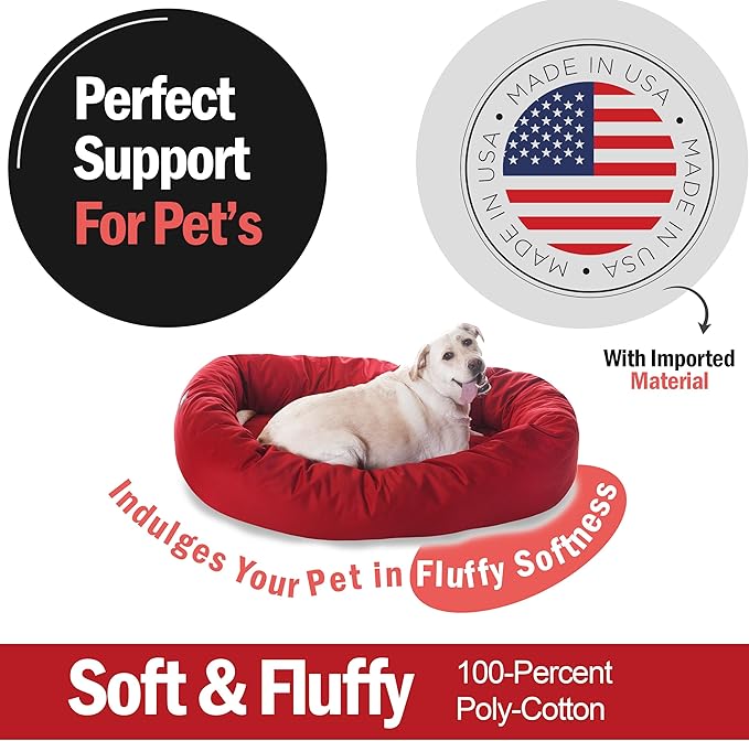 Majestic Pet 52 Inch Bagel Calming Dog Bed Washable – Cozy Soft Round Pet Bed with Spine Support for Dogs to Rest their Head - Fluffy Donut Puppy Bed 52x35x11 (Inch) - Large – Red