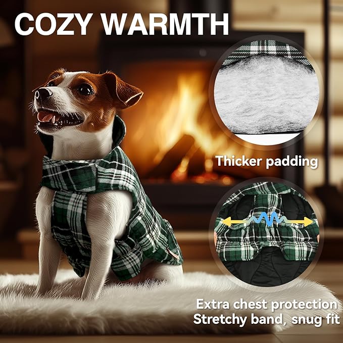 VIVAGLORY Softjoy Dog Coat, Dog Jacket for Winter & Christmas, Coat with Harness Hole & Velcro Closure, Reversible Plaid Checkered Warm Fluffy Heavy Duty for Puppy, XL, Green