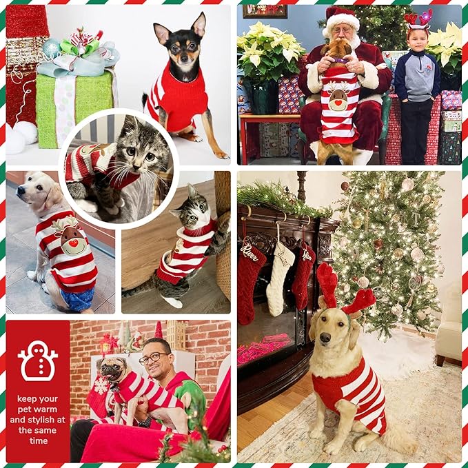PETCARE Reindeer Christmas Dog Sweater Red Striped Cat Sweater Cartoon Elk Pet Vest Holiday Dog Clothes Puppy Sweaters for Small Medium Large Dogs Cats Fall Winter Outfits Xmas Dogs Costume,XX-Large