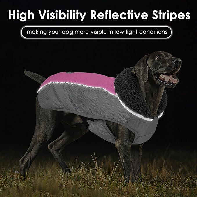 Dog Coat, Waterproof Ripstop Dog Winter Jacket with Leash Hole, Reflective Adjustable Warm Pet Fleece Snow Sweater for Small Medium Large Dogs - Pink, XL