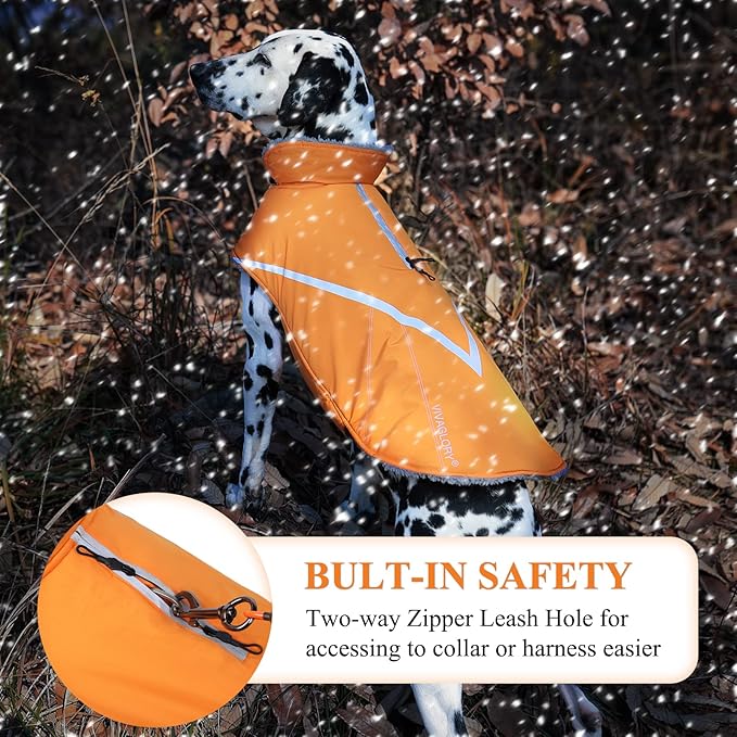 VIVAGLORY Snowrap Dog Coat, Jacket with Harness Hole & Velcro Closure, Dog Coat for Winter & Cold Weather, Fluffy Warm Fleece Lined Reflective Water Resistant for Puppy, L, Orange