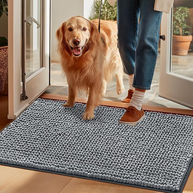 EHEYCIGA Super Absorbent Dog Door Mat for Muddy Paws 60x36 Inch Indoor, Front Doormat Outside Entrance, Quick Dry Chenille Washable Dog Crate Bed, Non-Slip Pet Rug Mud Mat Outdoor Entryway, Grey