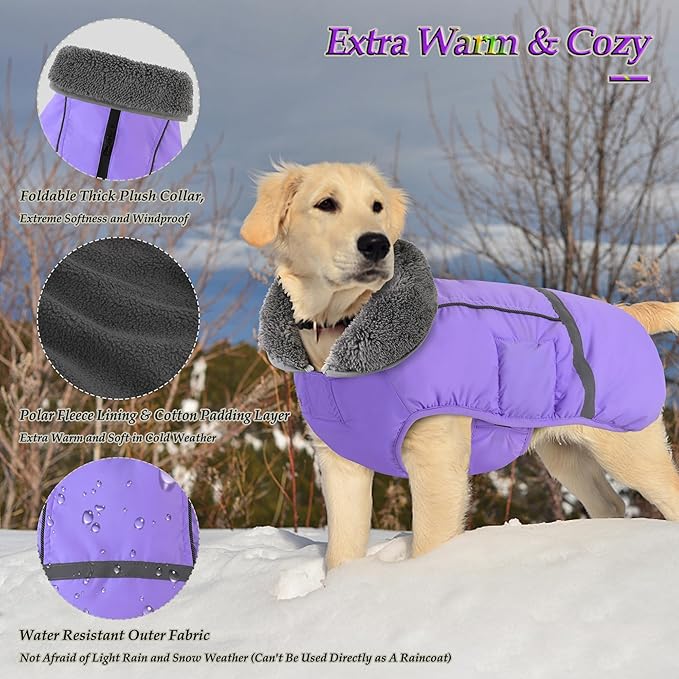 Dogcheer Warm Dog Coat, Waterproof Dog Jacket Christmas Puppy Winter Coat with Buckle, Reflective Adjustable Pet Snow Jacket Fleece Sweater for Small Medium Large Dogs - Taro Purple L