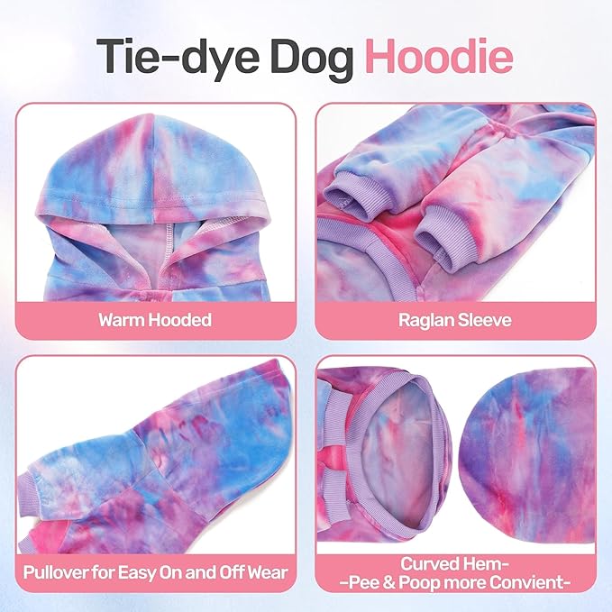 WOYYHO Premium Velvet Tie Dye Dog Hoodie & Sweatshirt - Soft Lightweight Pullover Dog Sweater for Small Medium Dogs, Cozy Dogs Sweater for Chihuahua Dachshund Multi Pink Purple M