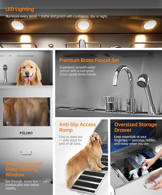 POLIMO Dog Washing Station, LED Professional Stainless Steel Dog Bathing Station 50", Dog Grooming Tub for Large, Medium & Small Dog - with Window, Ramp, Drawer, Floor Grate & Faucet (Left Ramp, 50")