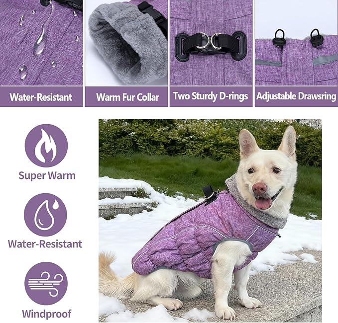 Malier Dog Coat, Reflective Dog Jacket Waterproof Windproof Puppy Cold Weather Coats with Harness Built in, Winter Extra Warm Pet Coat Fleece Vest for Small Large Pets and Puppy (Purple, X-Small)