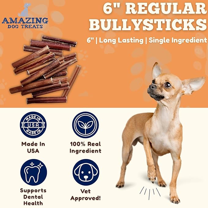 Amazing Dog Treats - 6 Inch Medium Size Bully Sticks (10 Count) - Bulk Bully Sticks for Dogs - No Hide Bully Stick Dog Bones