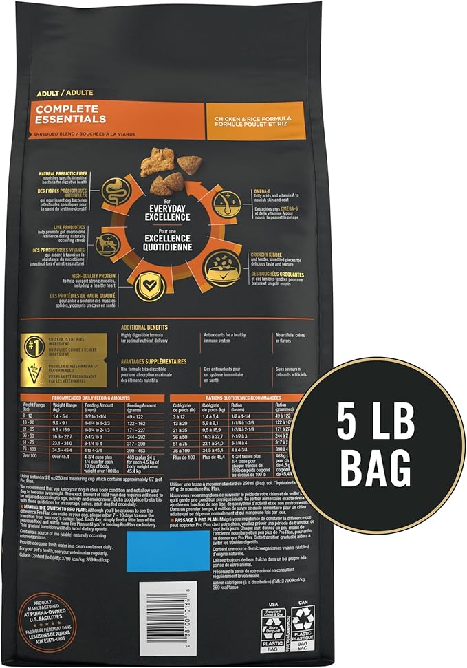 Purina Pro Plan Complete Essentials Shredded Blend Chicken and Rice Dog Food Dry Formula with Probiotics for Dogs - 5 lb.