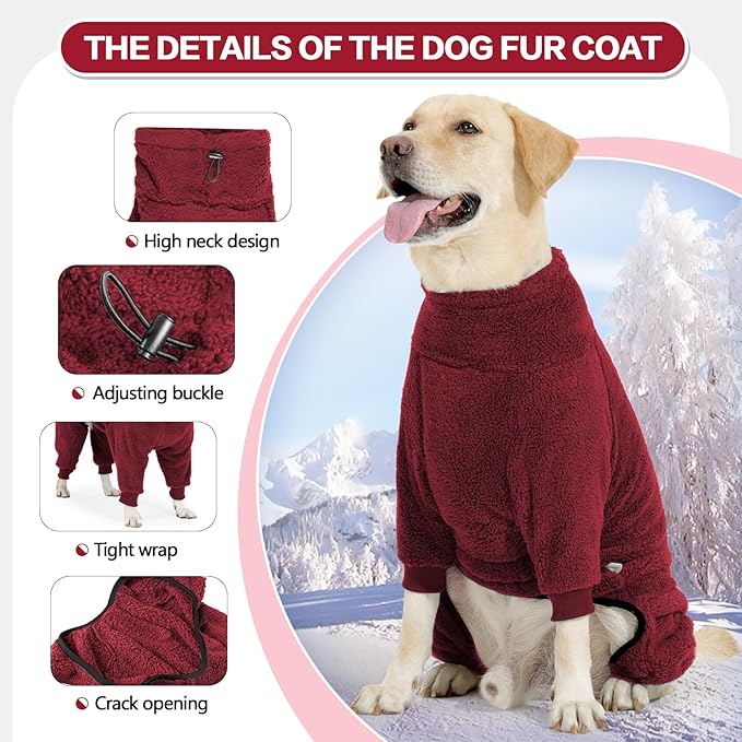 Dog Winter Coat, Warm Fleece Dog Jacket, Windproof Pullover Jumpsuit, Full Body Pajamas Onesie, Cold Weather Clothes for Medium Large Dog(2XL,Red)