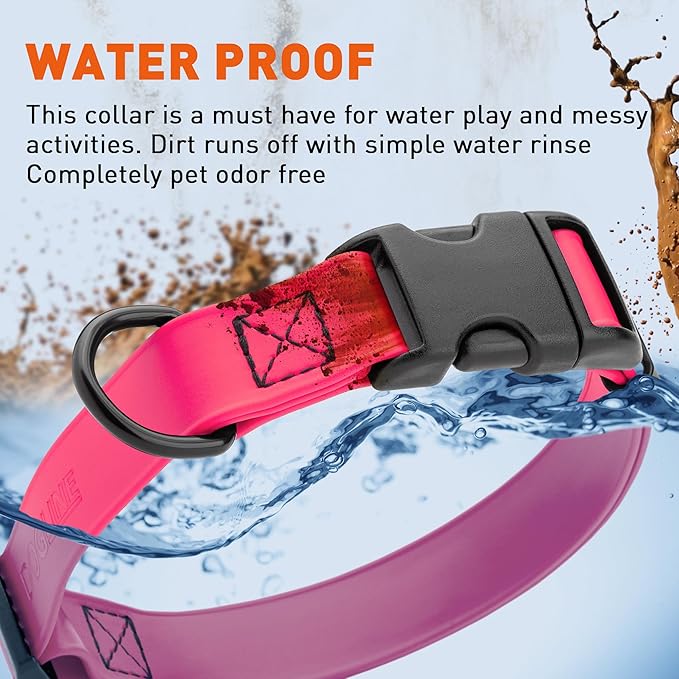 Dogline Biothane Waterproof Dog Collar with Quick Release Buckle Strong Coated Nylon Webbing with Odor- Proof for Easy Care Easy to Clean Fits Small Medium Large Dogs, Pink 5/8" W 9-14" L