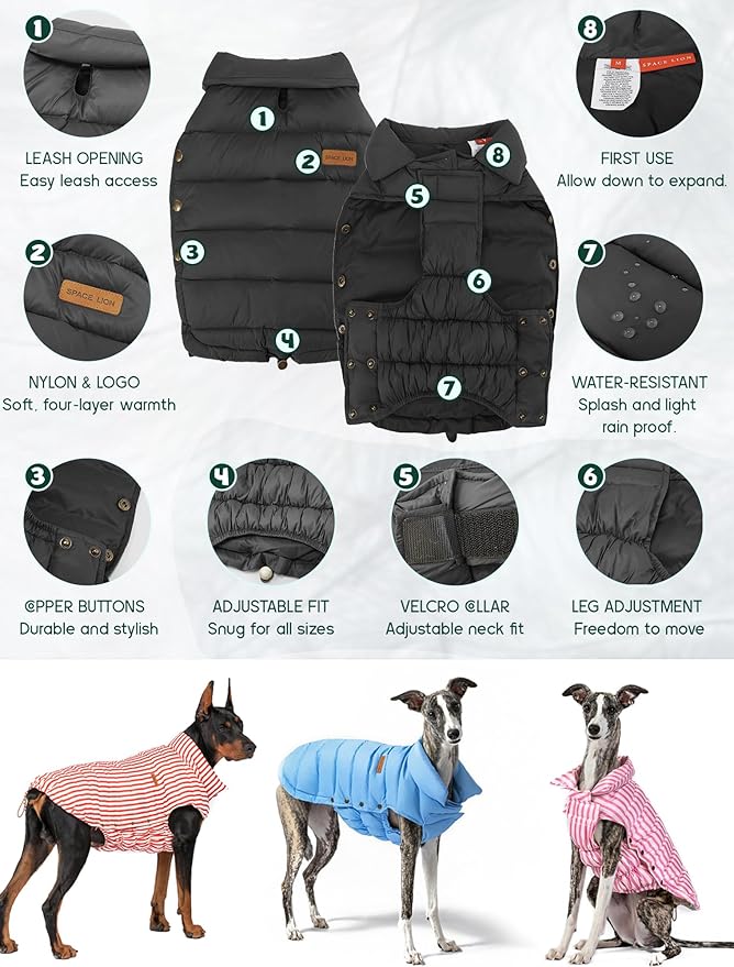 SPACE LION Dog Puffer Jacket, Down Winter Coat, Durable Outdoor Coat for Cold and Windy Conditions, Waterproof, Lightweight Jacket, Adjustable Fit for Small, Medium, Large Dogs(Onyx Black,20/XL)