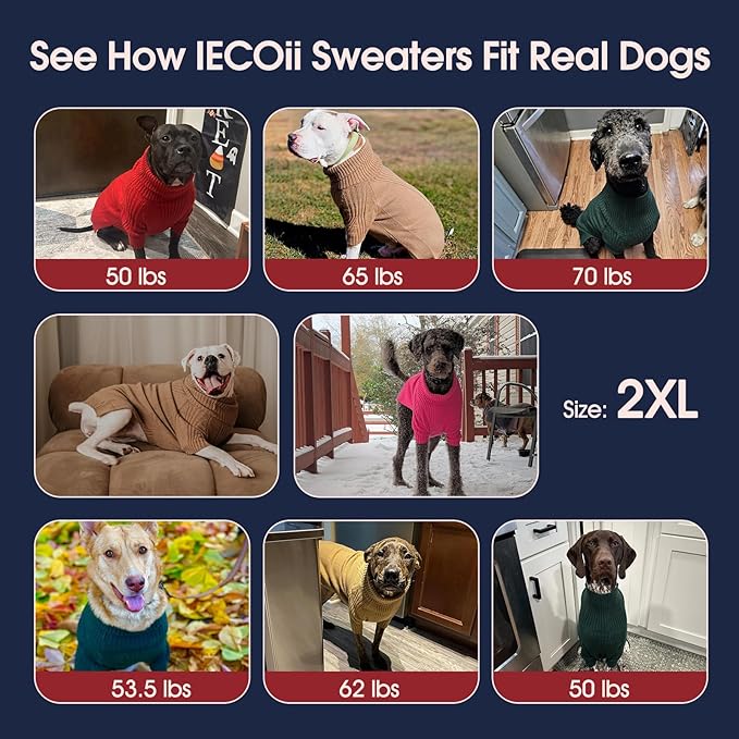IECOii XXL Dog Sweater,Thermal Knit Big Dog Sweater with Sleeve,Pet Turtleneck Doggy Sweatshirt for Extra Large Dogs Boy Girl,Stretchy Large Dogs Cold Weather Outfit Pitbull Clothes,(Royal Blue,XXL)