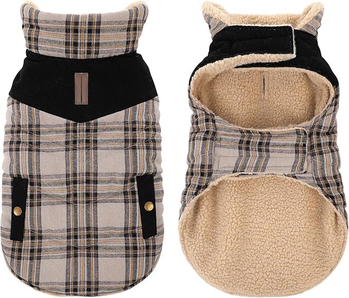 Winter Coat for Medium Dogs, Dog Plaid Jacket, Pets Coat for Cold Weather, Windproof Warm Garments, Pet Thickened Outfits Indoor Outdoor, Beige M