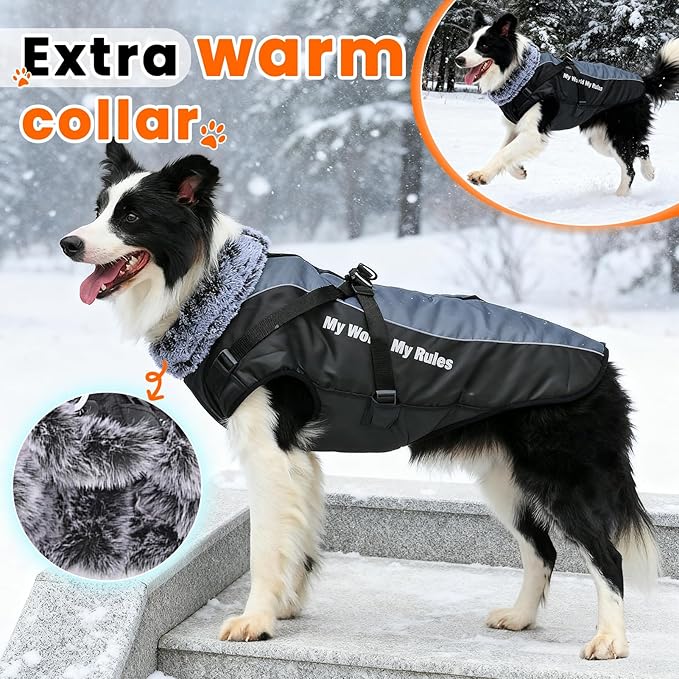 Dog Coat for Medium Large Dogs,Waterproof Reflective Dog Winter Jacket with Harness, Fleece Snowsuit,Warm Pet Winter Coat(Reflective White-XL)