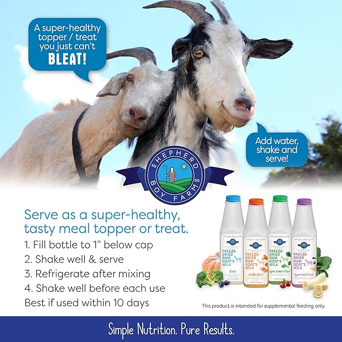 Shepherd Boy Farms Freeze Dried Raw Goats Milk with Probiotics for Dogs & Cats (Classic), High Protein Digestible Goat Milk for Sensitive Stomachs, Food Topper, Dog Camping Essentials - Makes 16 FL OZ