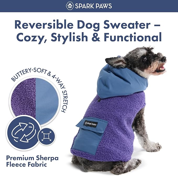 Spark Paws Reversible Dog Sweater, Sherpa Vest with Warm Fleece Lining, Warm Coat for Winter, Suitable for Small Medium, Large, XL XXL Dogs - Purple and Navy Blue - S