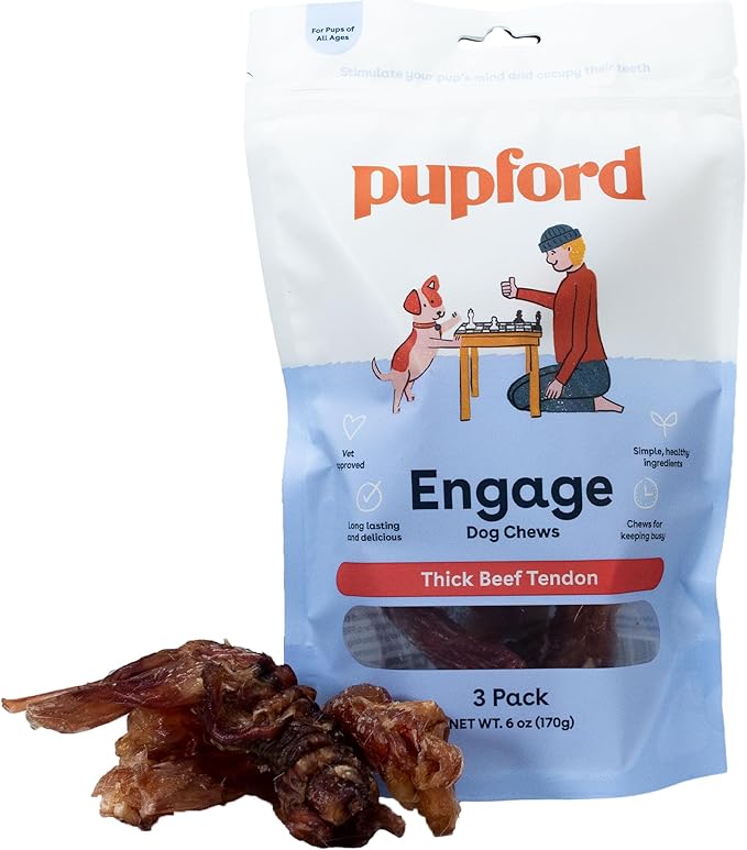 Pupford Thick Beef Tendon Chews for Dogs & Puppies, All-Natural Dog Chew with Glucosamine for Joint Health, Long-Lasting Toy, Great for Teething (3 Count)