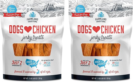 Farmland Traditions Dogs Love Chicken Jerky Dog Treats, Premium Two-Ingredient Dog Jerky with USA-Raised, Human-Grade Chicken & No Antibiotics Ever, 1-Pound Bag (Pack of 2)