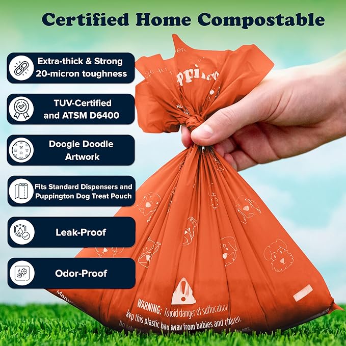 Puppington Certified Home Compostable Poop Bags - ASTM D6400 Compliant - 90 Extra Thick Bags - Plant Based - Pairs with Puppington 3-in-1 Bag & Fits all Standard Poop Bag Dispensers (Poppy Orange)