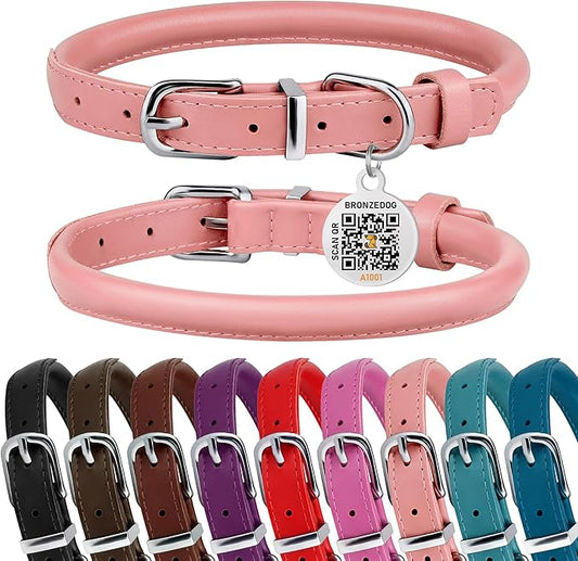 BRONZEDOG Rolled Leather Dog Collar for Small Medium Large Dogs with QR ID Tag (XS: 9-11 Inch, Powder Pink)