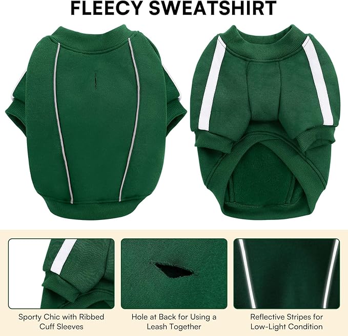 Queenmore XS Christmas Dog Sweater, Cozy Fleece Dog Sweatshirt, Warm Winter Fleece Jacket for Small, Medium & Large Dogs with Leash Hole/Reflective Stripes Green