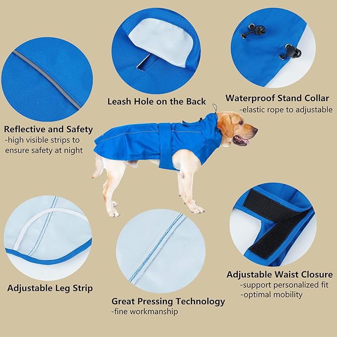 Adjustable Waterproof Dog Raincoat for Dogs,Lightweight Pet Rain Jacket Puppy Clothes with Reflective Strip for Small Medium Large Dogs (Blue, Small)