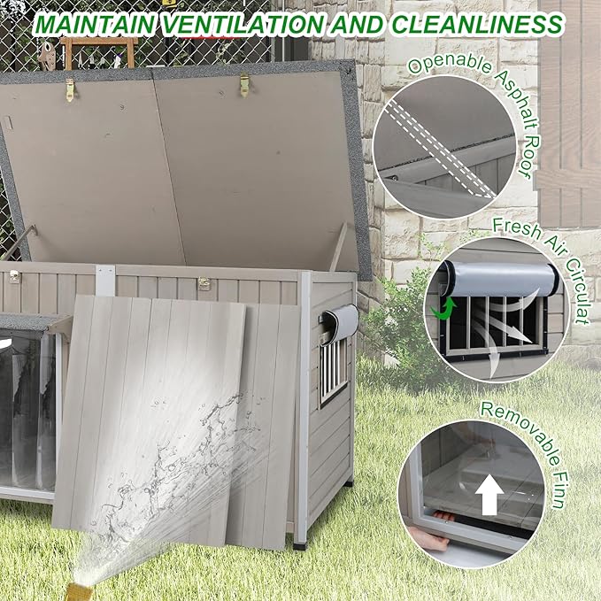 Large Dog House Outdoor Weatherproof XL Dog House Wooden with Adjustable Vent Window, Chew-Proof Iron Frame, Removable Floor, Easy Assembly for Medium to Large Dogs(55" L x 33" W x 35" H)