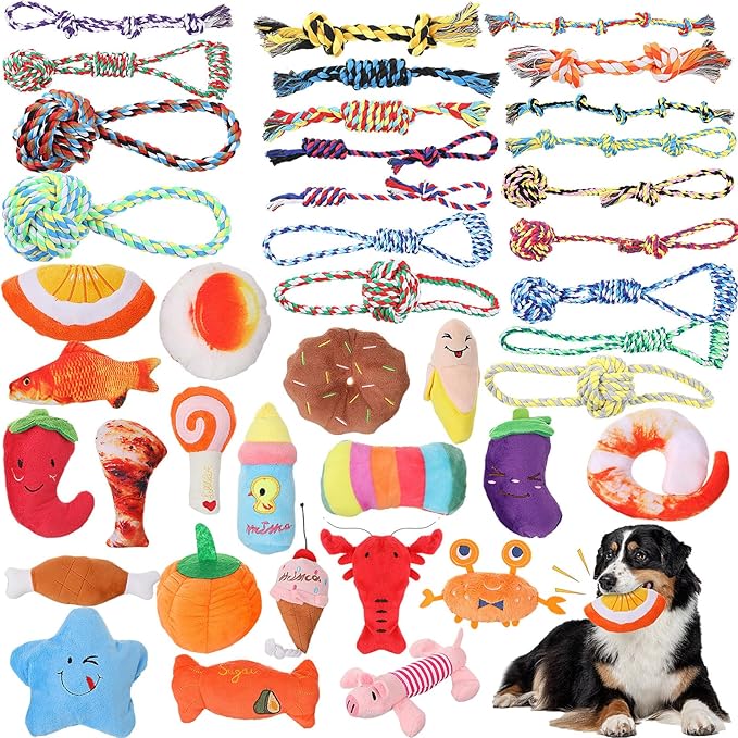 Leyndo 40 Pack Dog Chew Toys for Aggressive Dogs Plush Squeaky Rope Toys for Medium and Large Breed Pet Tug of War Teething Chew Tug